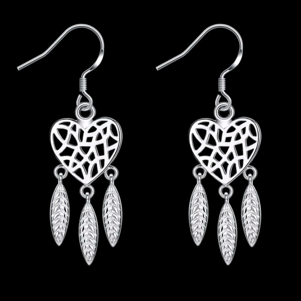 Silver heart etched dangle earrings